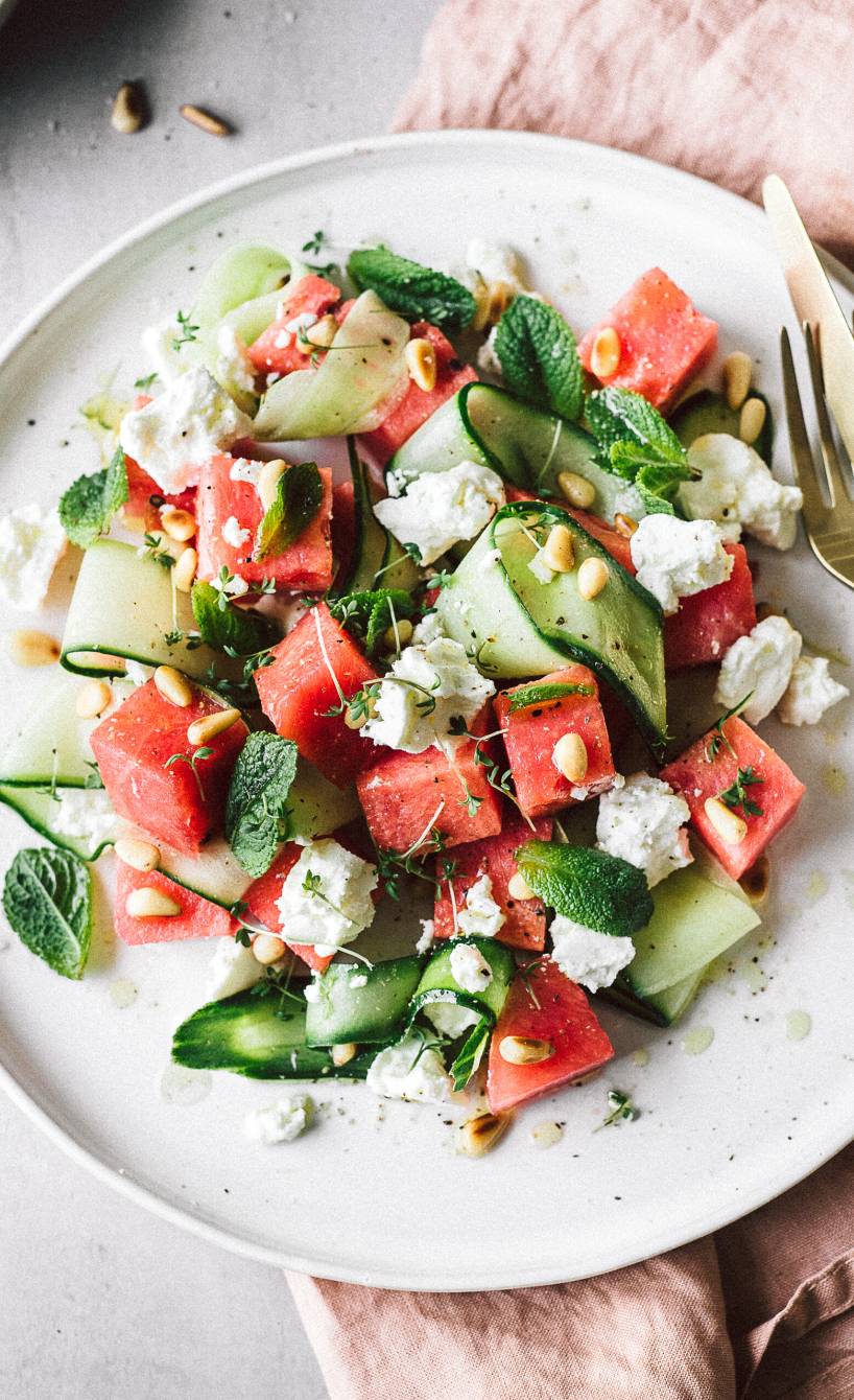 Wassermelonen-Feta-Salat mit Gurke auf einem Teller getoppt von Minzblättern und Pinienkernen