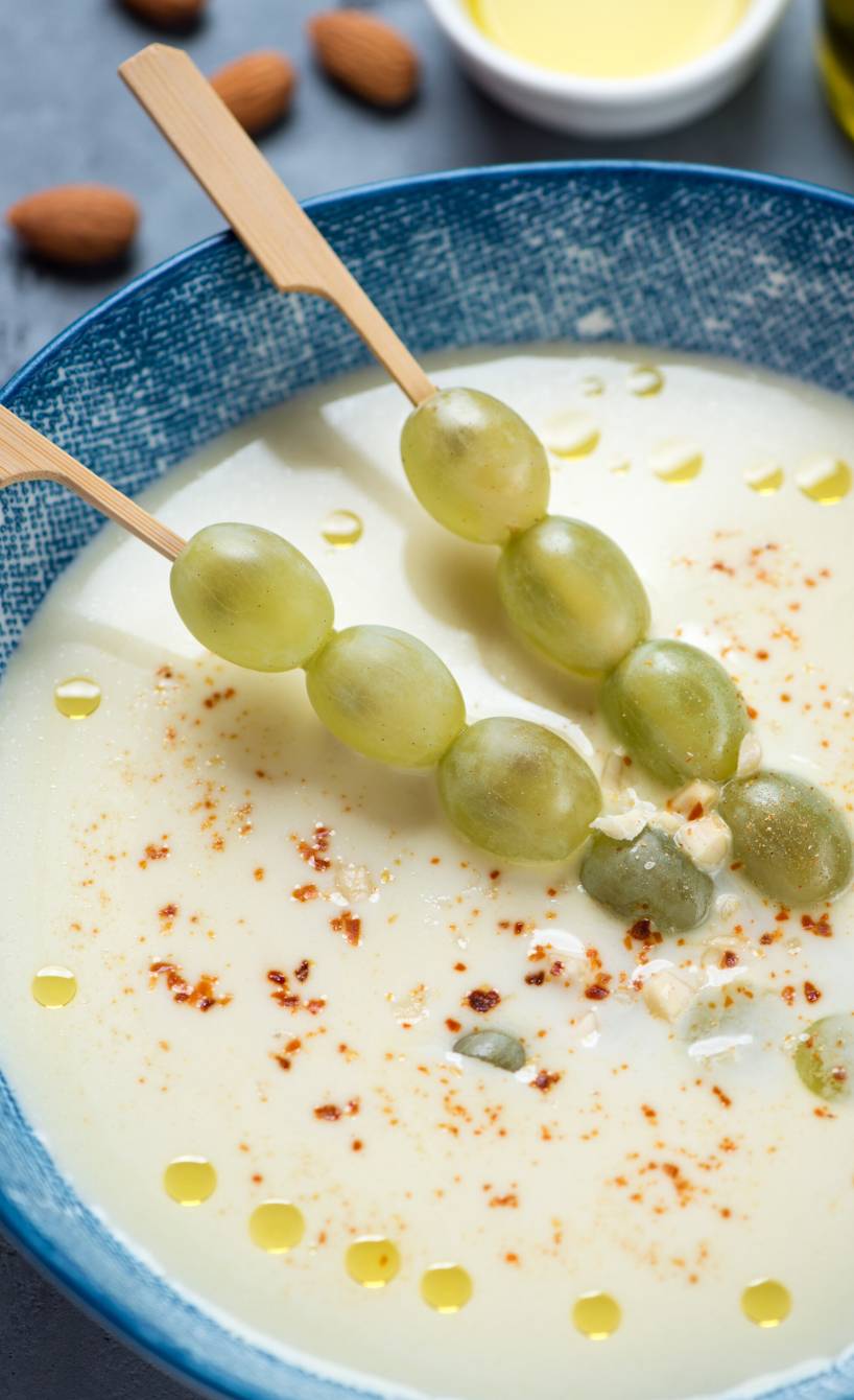 Weiße Gazpacho in einer Schale getoppt mit Trauben auf Spießen