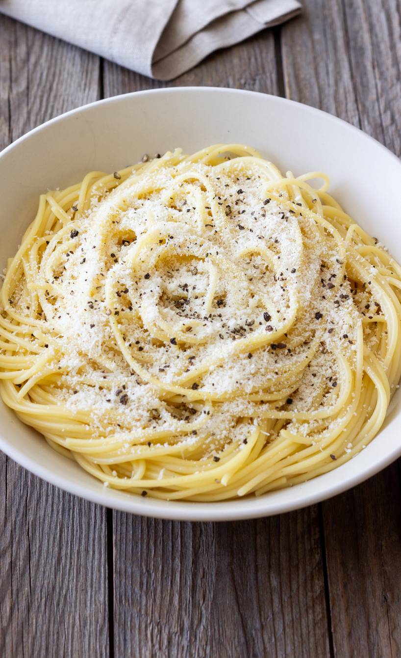 Spaghetti Cacio e pepe mit geriebenem Pecorino und schwarzem Pfeffer in einem tiefen Teller