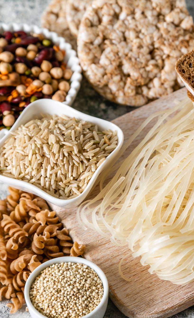 Verschiedene Pseudogetreide und glutenfreie Nudeln und Brote auf einem Tisch Verschiedene Pseudogetreide und glutenfreie Nudeln und Brote auf einem Tisch