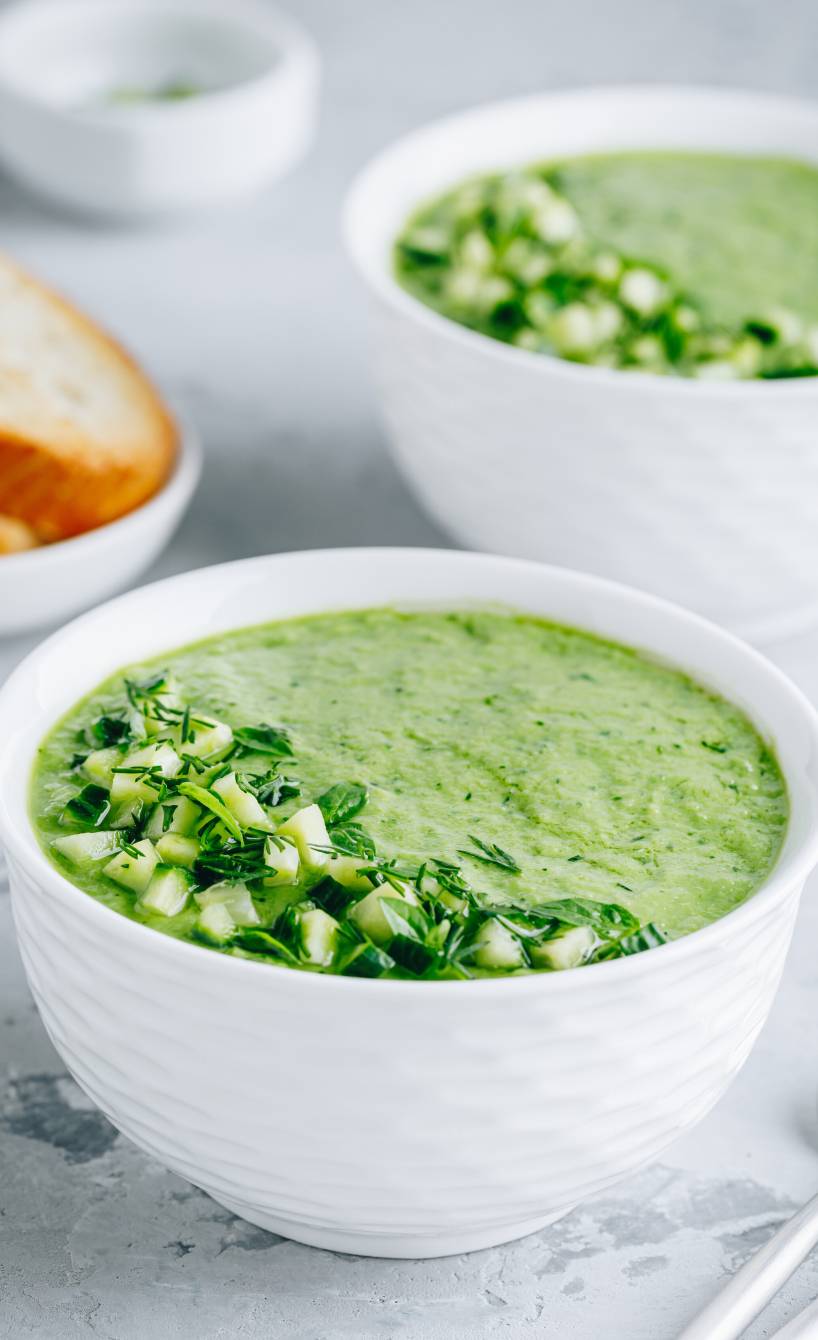 Grüne Gurken-Gazpacho in zwei Suppenschalen getoppt mit Gurkenwürfeln, daneben zwei Scheiben Baguette