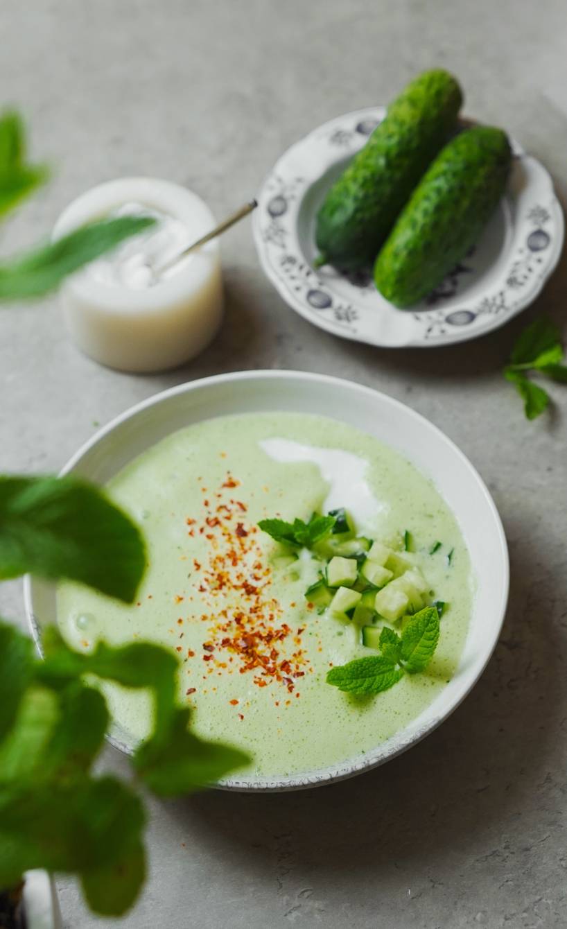 Kalte Gurkensuppe in einem Suppenteller getoppt von Joghurt und Gurkenstücken sowie Gewürzen