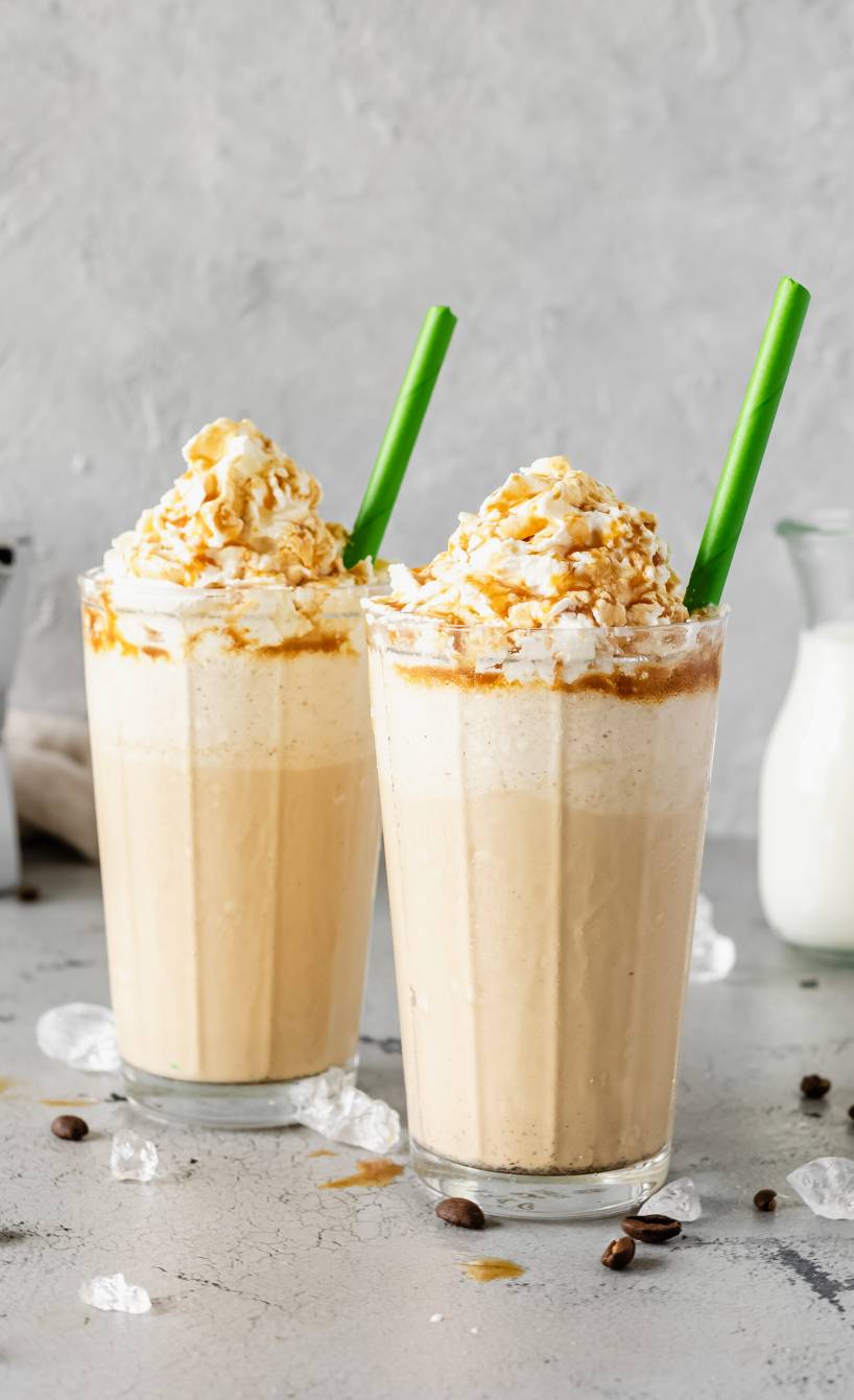 Zwei Karamell-Frappuccinos in hohen Gläsern getoppt mit Sahne und Karamellsoße auf einem Tisch