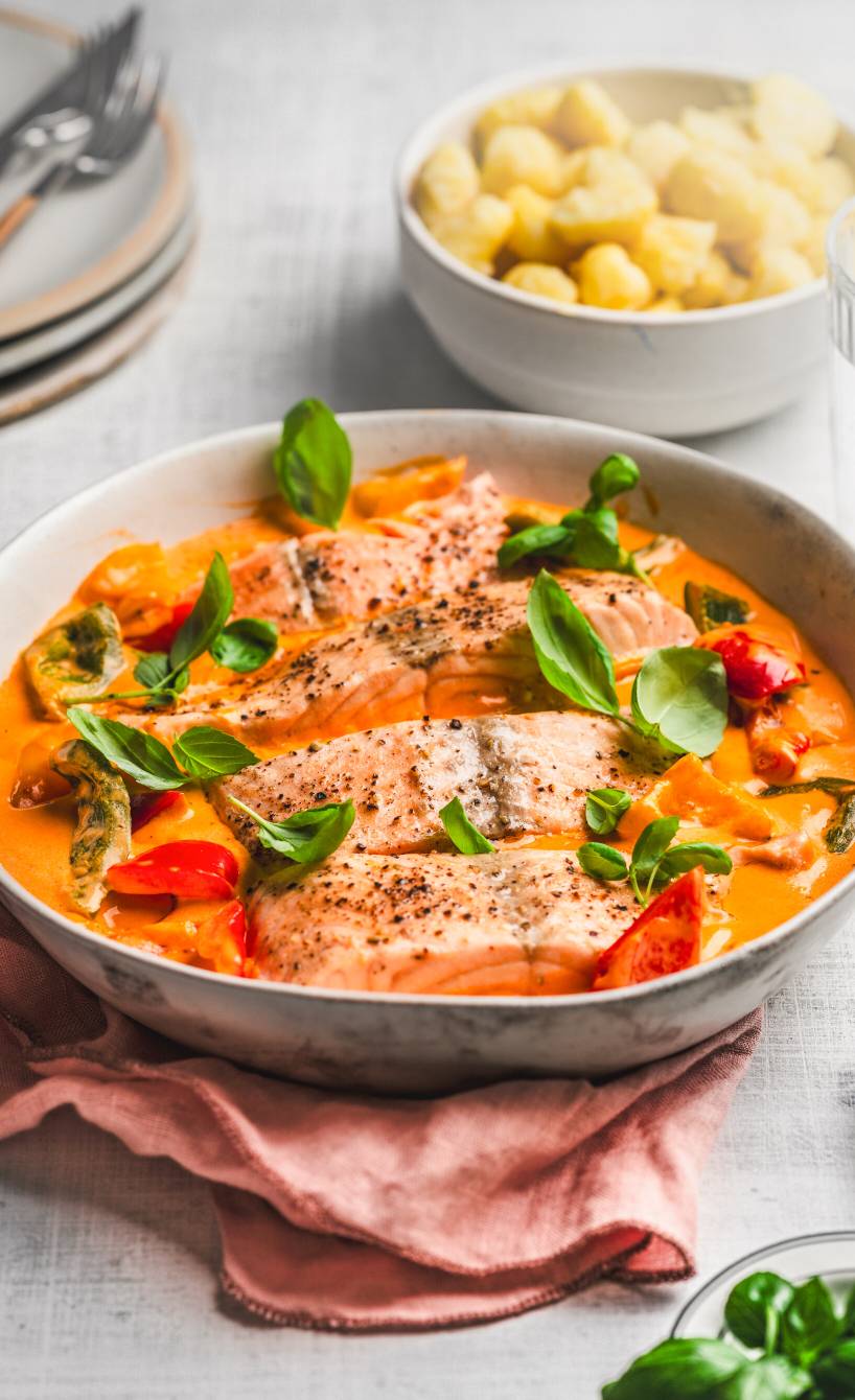 Mehrere Lachsstück in Paprika-Sahnesoße getoppt mit frischem Basilikum auf einem tiefen Teller