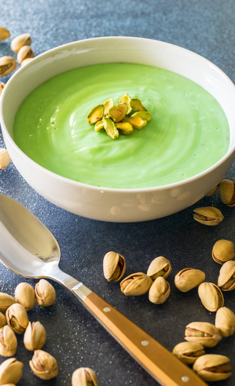 Pistazienpudding in einer Schüssel getoppt von Pistazienkernen, daneben ein goldener Dessertlöffel