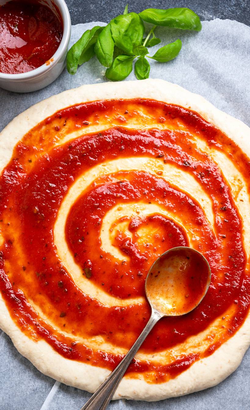 Selbst gemachte Pizzasoße wir mit einem Esslöffel auf Pizzateig gestrichen
