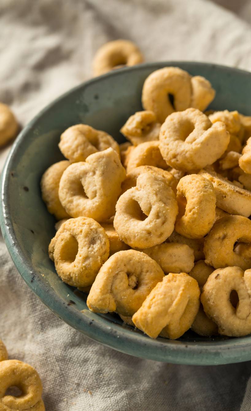 Selbstgemachte Taralli in einer Keramikschüssel auf einem Tisch