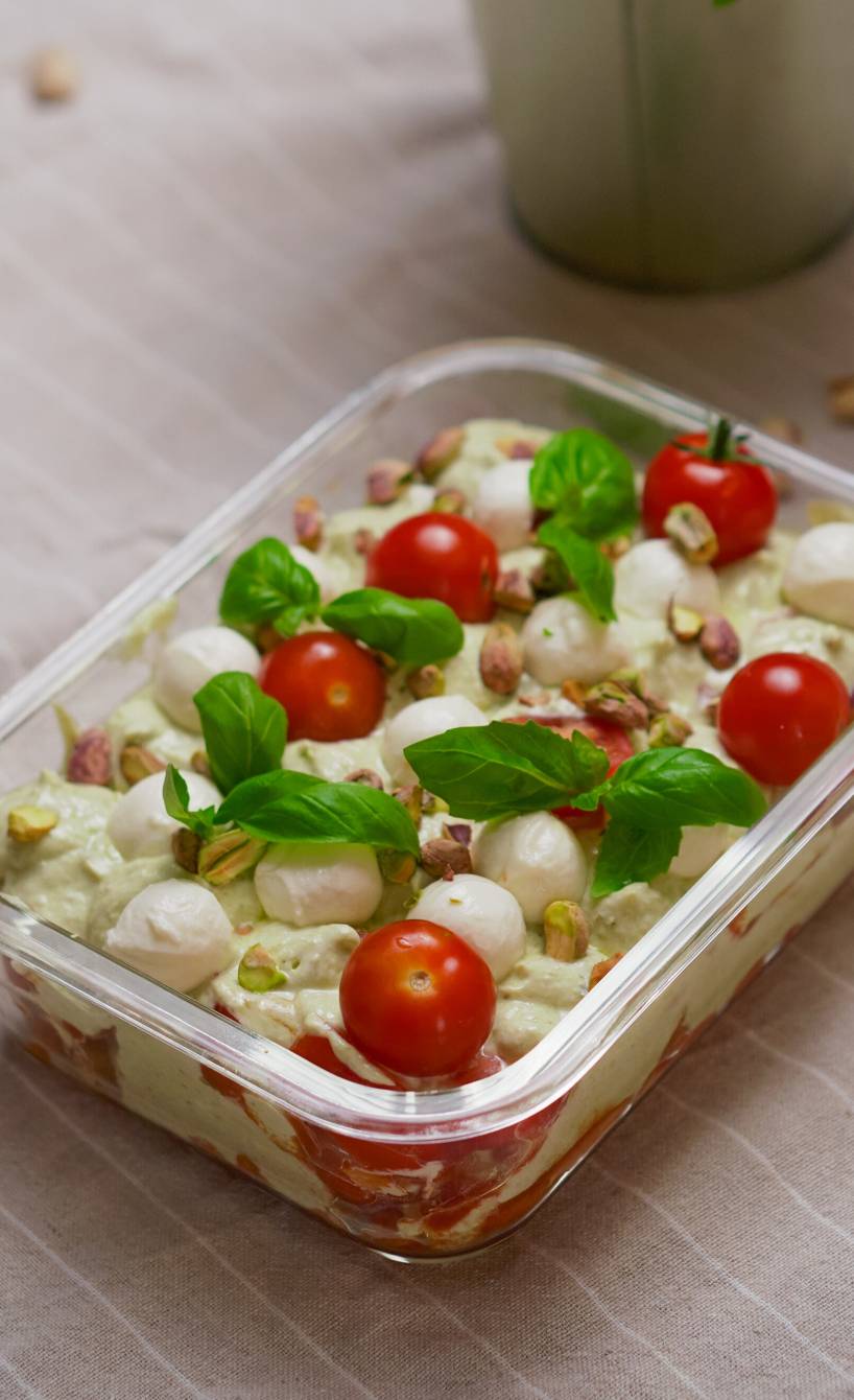Tomaten-Mozzarella-Tiramisu in einer gläsernen Auflaufform auf einem Tisch, daneben frisches Basilikum