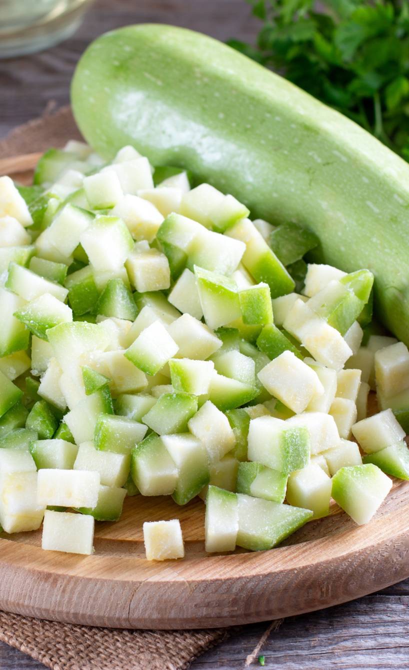 Gefrorene Zucchiniwürfel auf eine Holzbrett neben einer ganzen Zucchini