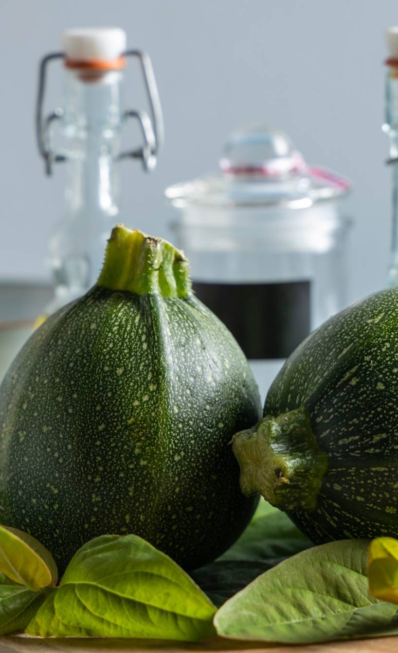 Zwei grüne, runde Zucchini der Sorte Tondo di Toscana auf einem Küchentisch Zwei grüne, runde Zucchini der Sorte Tondo di Toscana auf einem Küchentisch