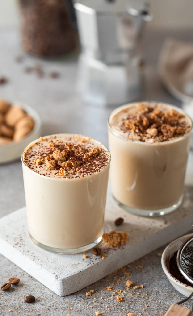 Cappuccino-Creme in zwei Gläsern angerichtet auf einem Tisch