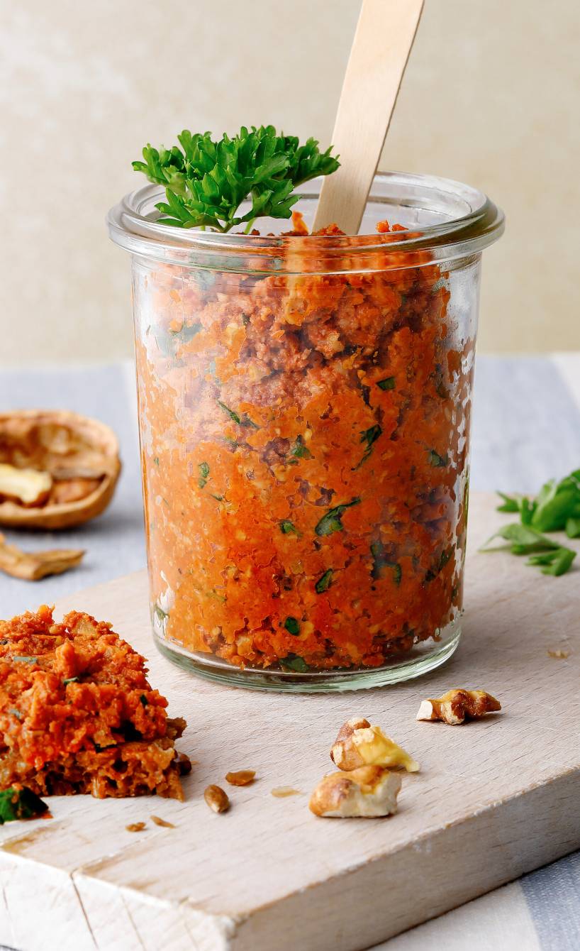 Selbstgemachter italienischer Karottenaufstrich mit Walnüssen in einem Weckglas auf einem Holzbrett