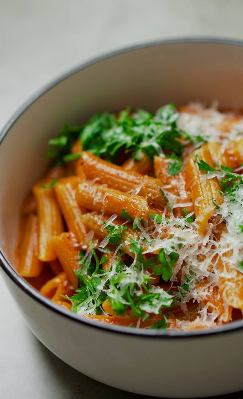 Penne in Tomaten-Wodka-Sauce getoppt mit Parmesan und frischer Petersilie in einem Kochtopf