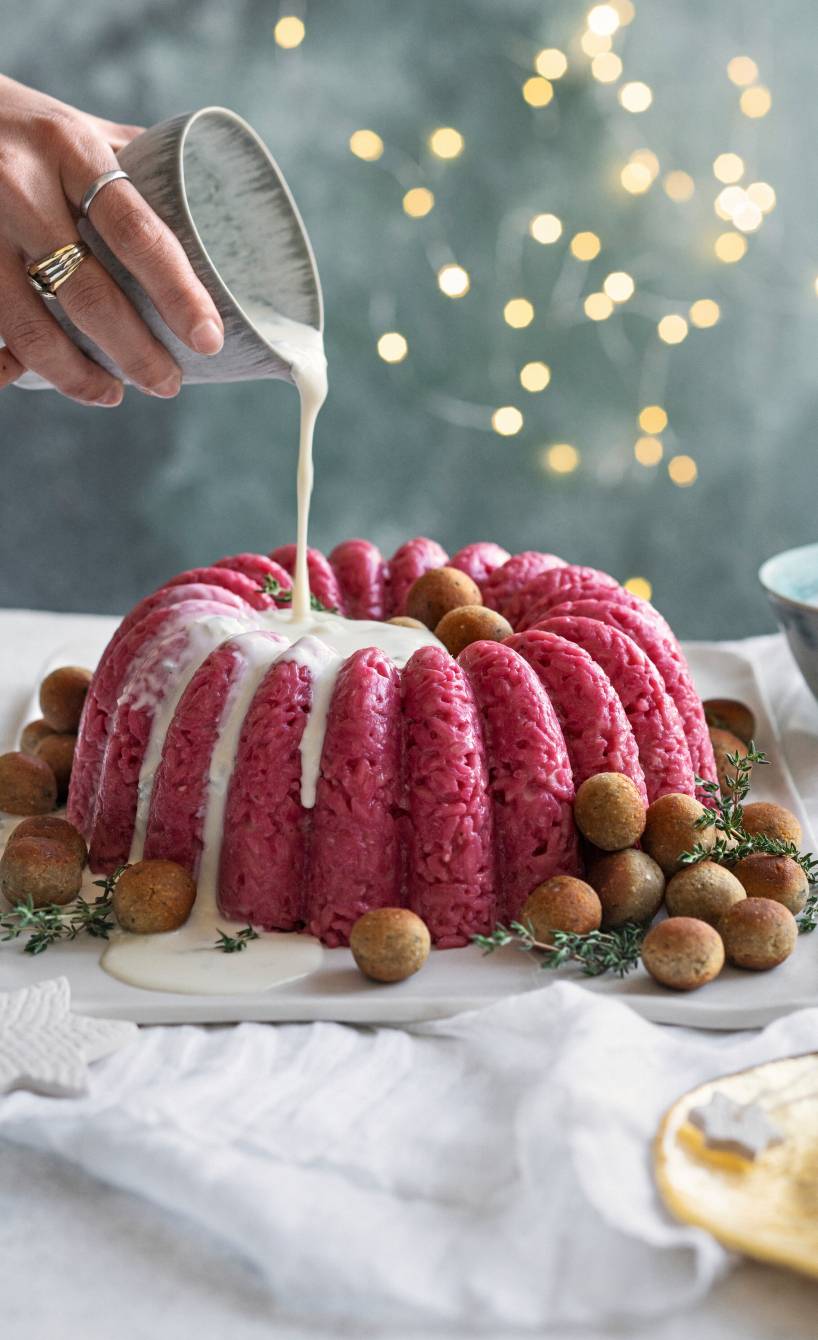 Rosa Risotto-Gugelhupf auf einer Servierplatte umgeben von Polpette wird gerade mit Gorgonzolasauce übergossen