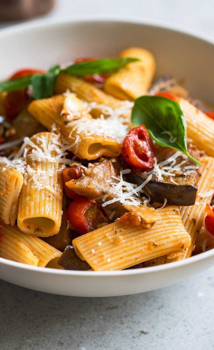 Rigatoni mit Gemüseragout aus Auberginen und Tomaten auf einem tiefen Teller