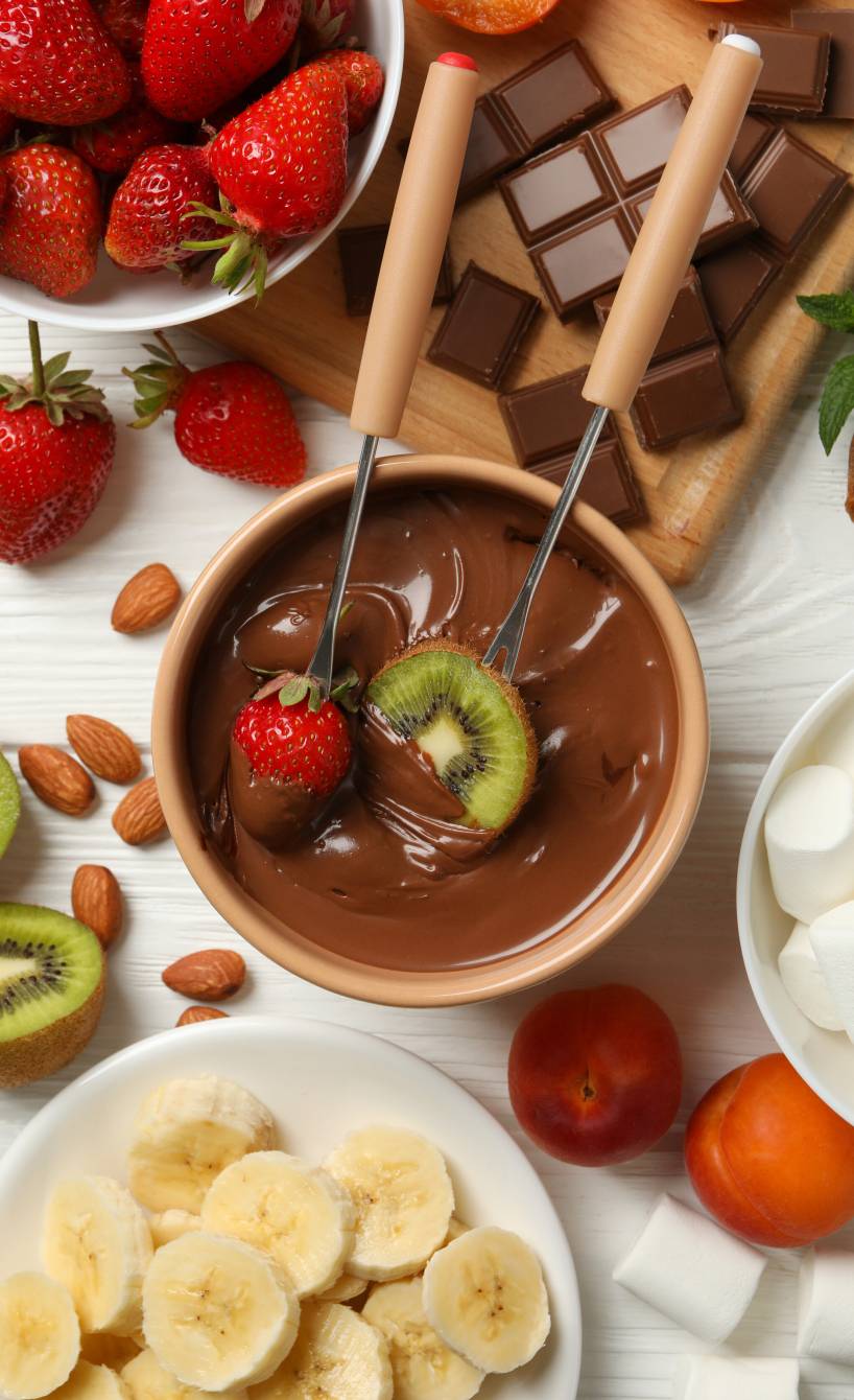 Schokofondue in einem Topf auf einem Tisch, drumherum Obst und Marshmallows zum Dippen