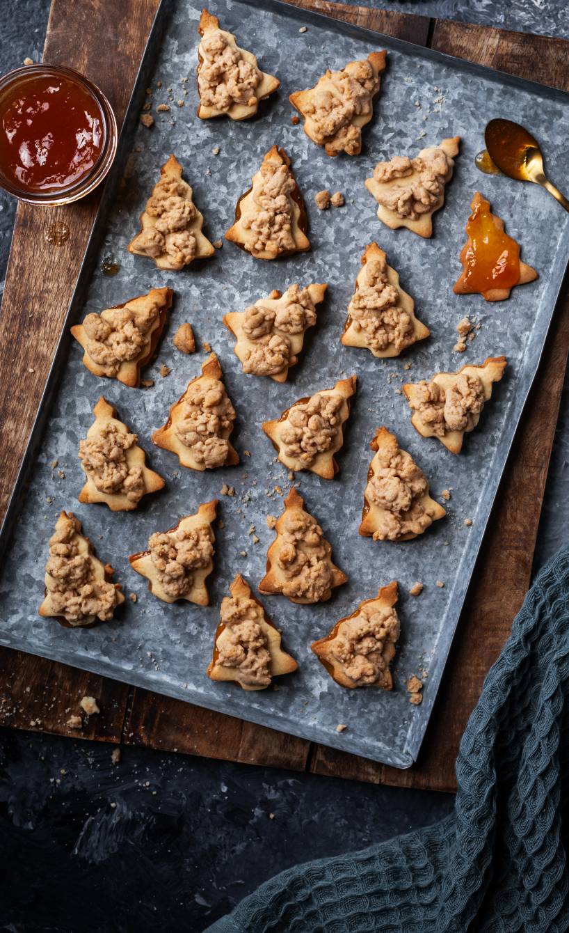 Selbst gebackene Doppeldecker-Tannenbaum-Plätzchen mit Zimtsreuseln auf einem Backblech
