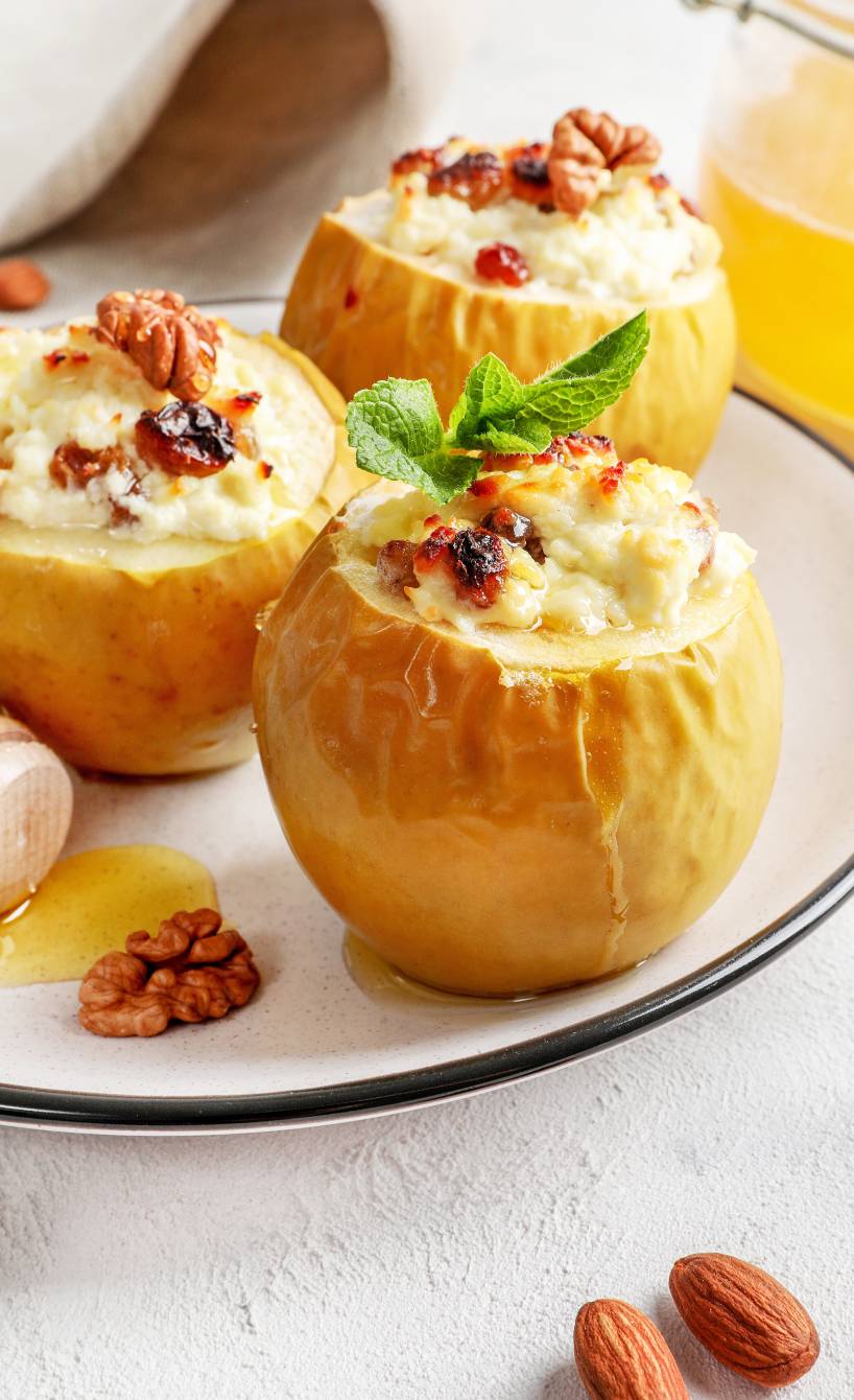 Drei Bratäpfel mit Zimtquark-Nussfüllung angerichtet auf einem Dessertteller getoppt von Walnüssen und Honig