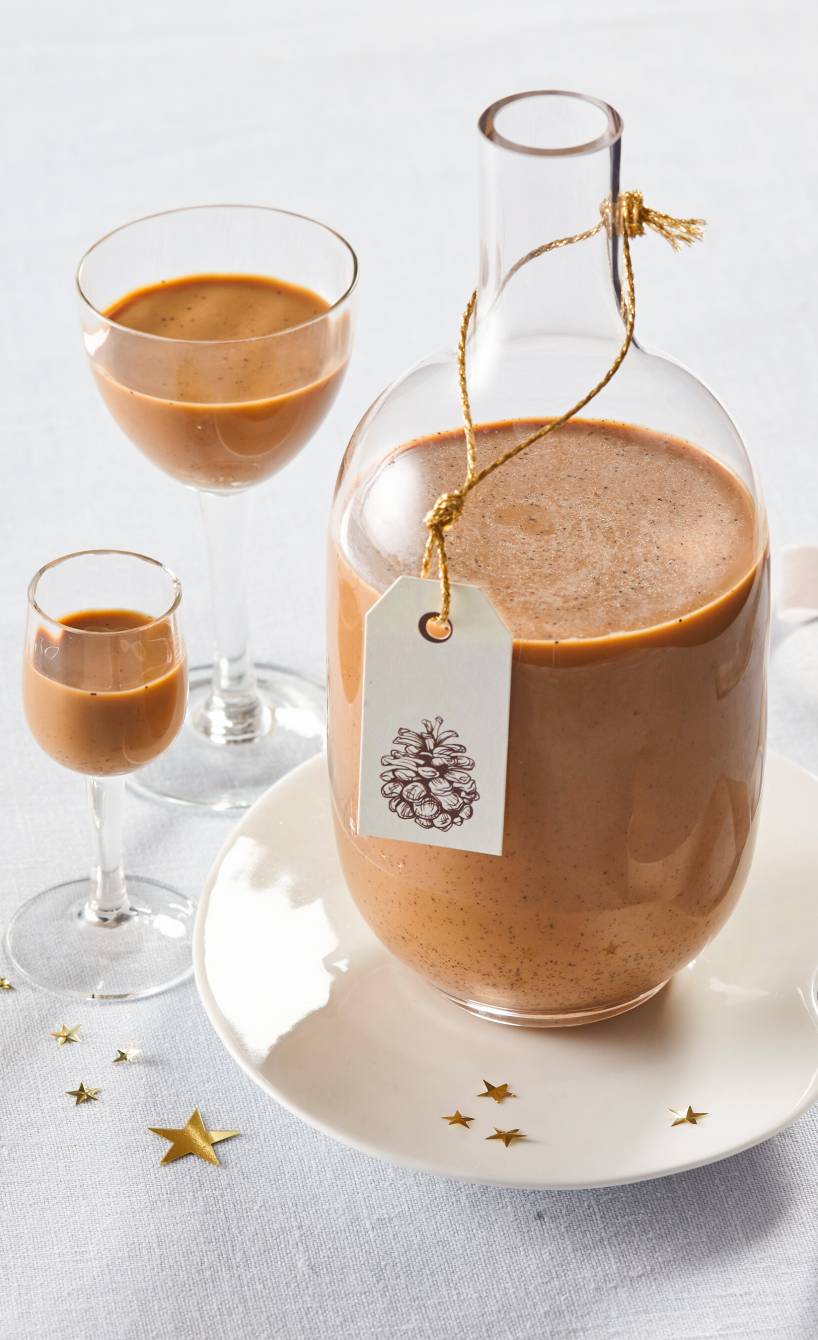 Selbstgemachter Zimtlikör in einer Glasflasche, daneben zwei volle Schnapsgläser auf einem weihnachtlich dekorierten Tisch