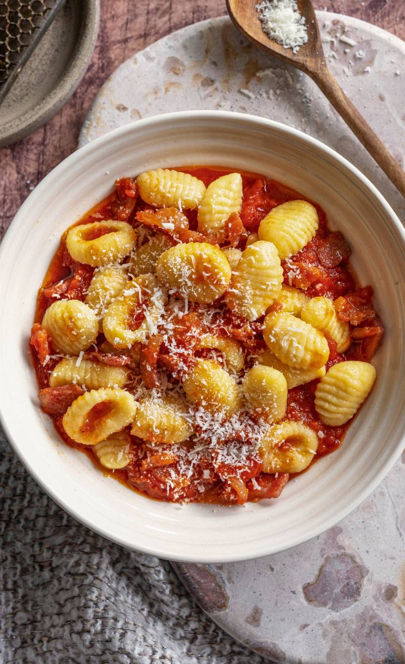 Gnocchi mit all'amatriciana Soße angerichtet auf einem Pastateller getoppt von frischem Parmesan