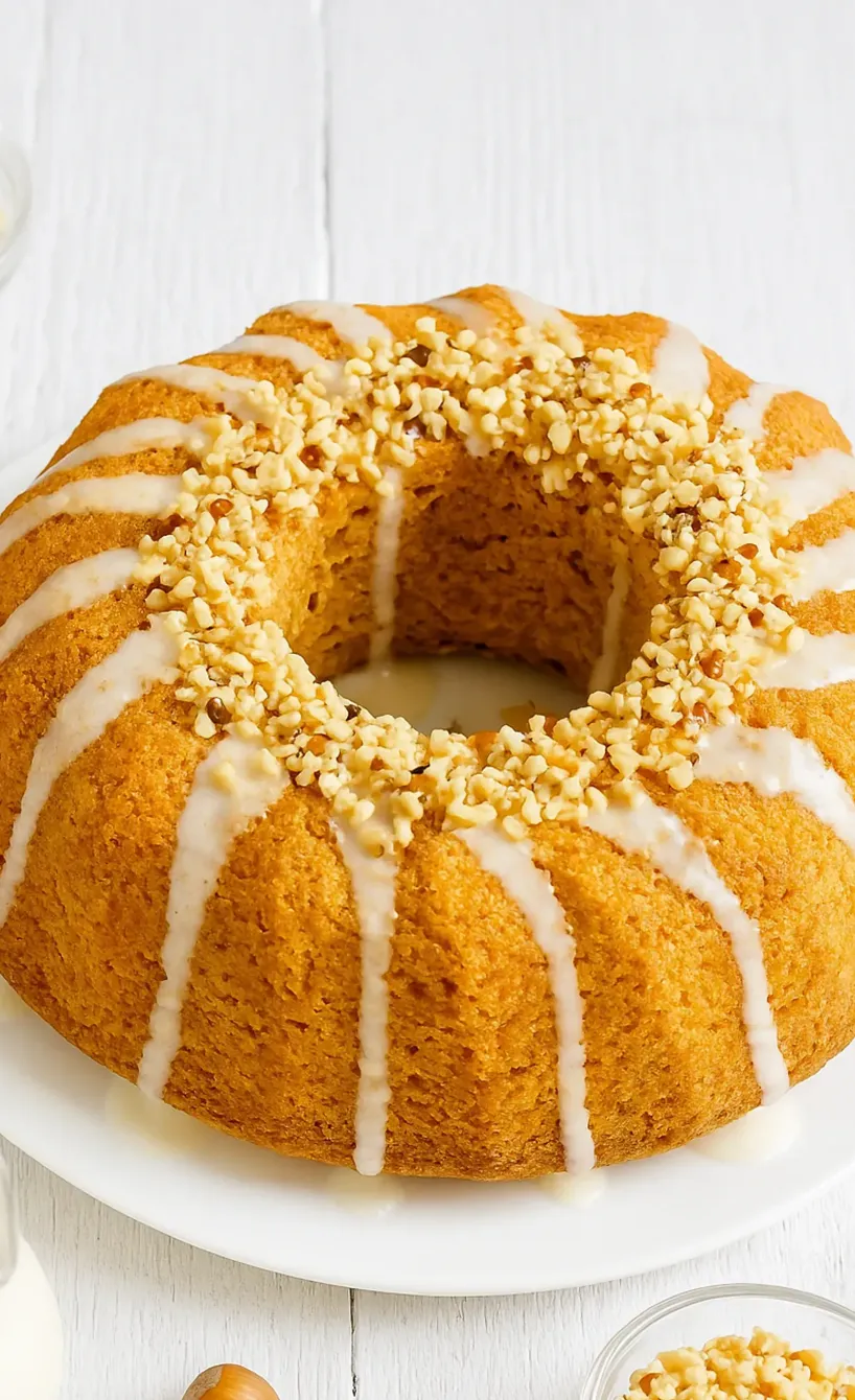 Selbst gebackener Haselnuss-Gugelhupf getoppt von gehackten Nüssen und Vanillesoße auf einer Kuchenplatte