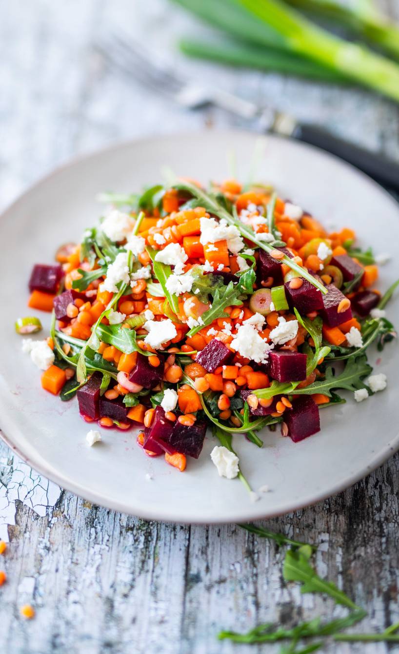 Rote Linsen-Salat mit Rote Bete, Karotten, Rucola und Feta angerichtet auf einem Teller