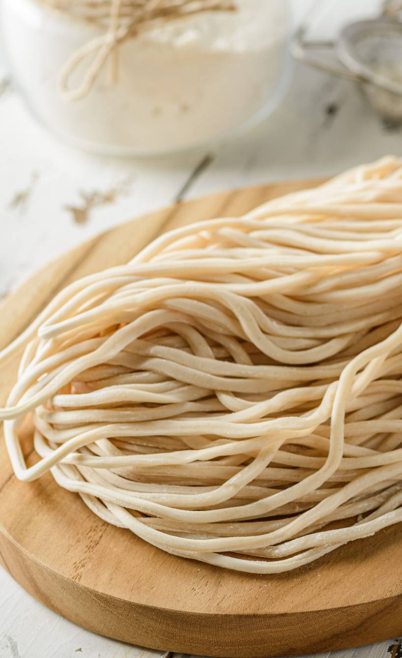 Veganer Nudelteig ohne Ei zu langen Nudeln geformt auf einem Holzbrett