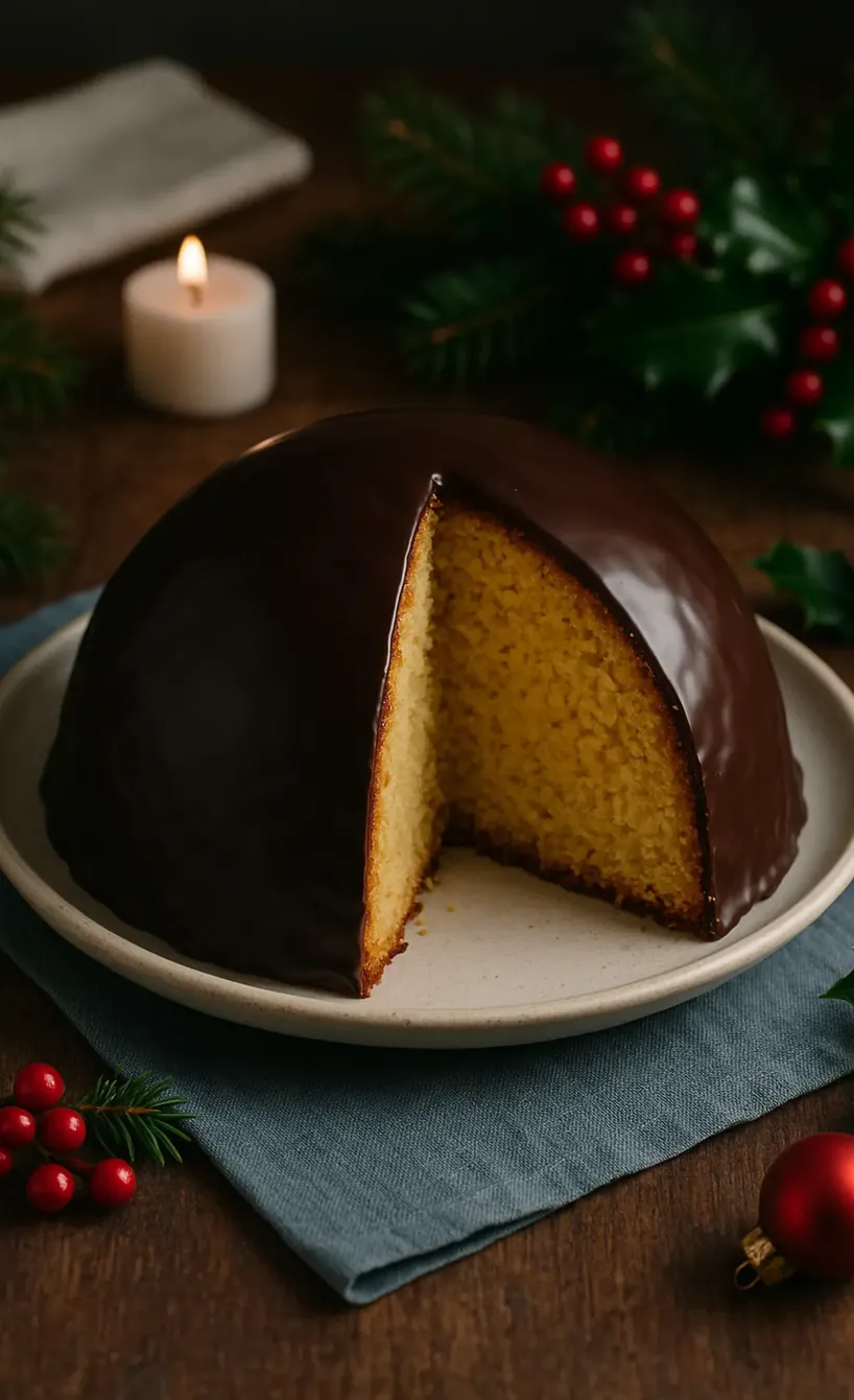 Kuppelförmiger Parrozzo di Pescara Weihnachtskuchen mit Schokoladenglasur angeschnitten auf einem weihnachtlich dekorierten Tisch