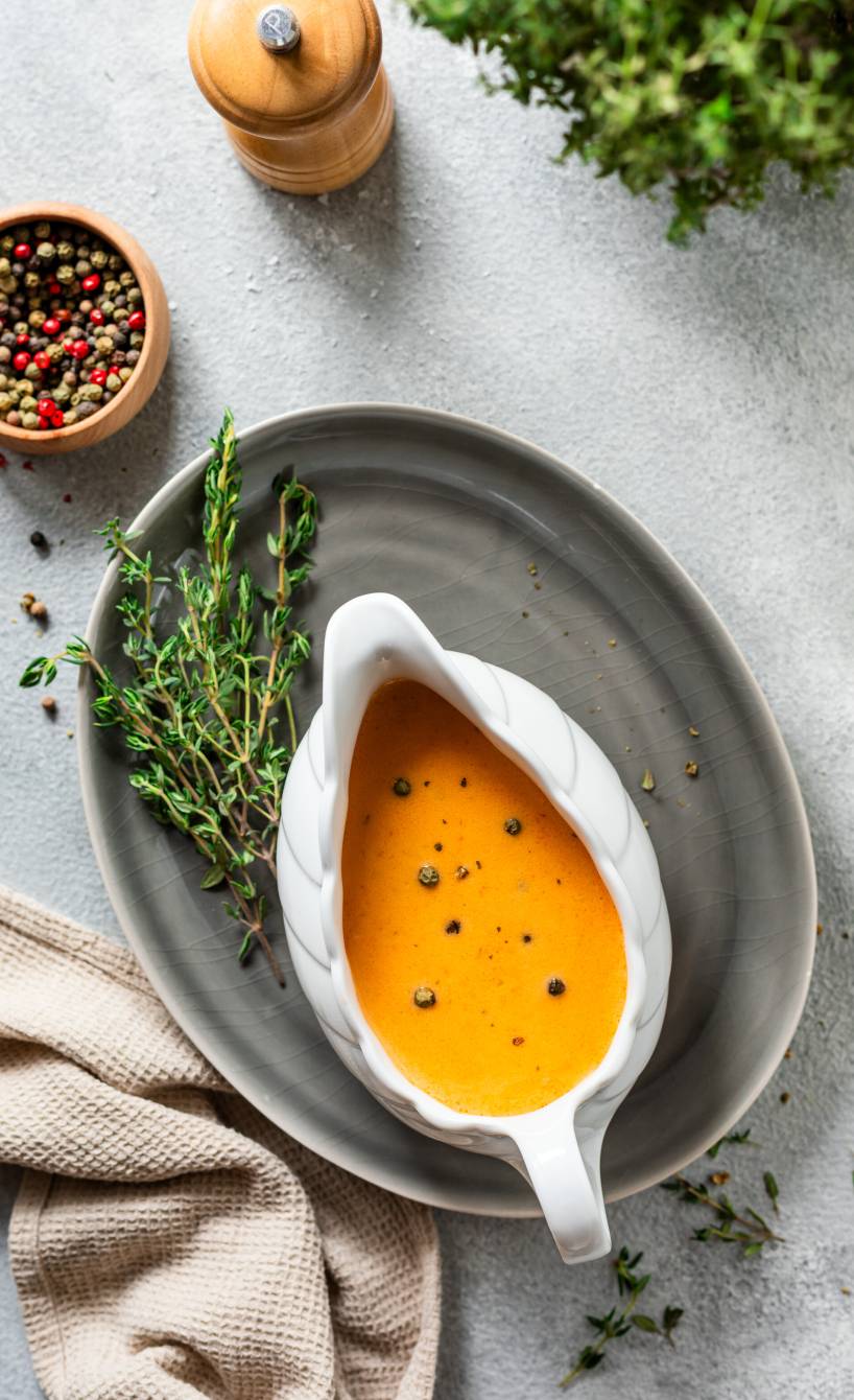 Selbst gekochte Pfeffersauce in einer Sauciere auf einem Tisch von oben