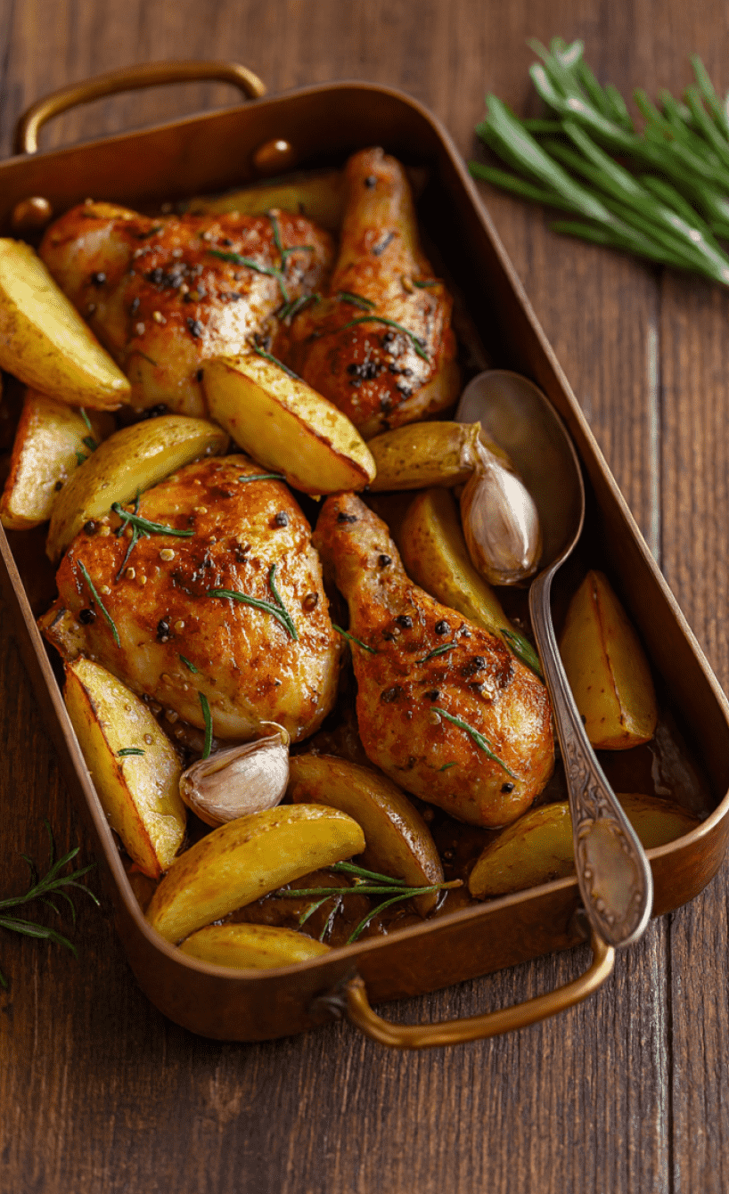 Gebackene Hähnchenteile und Kartoffelspalten mit Knoblauch in einer Auflaufform, daneben ein Zweig Rosmarin