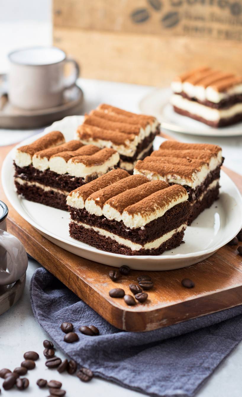 Vier Stücke Tiramisu-Kuchen auf einer Kuchenplatte