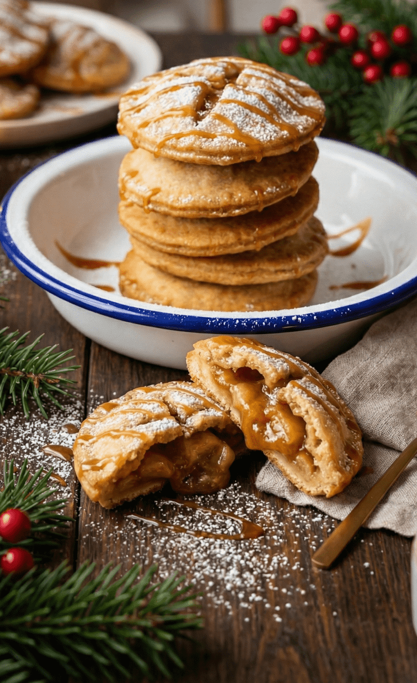 Selbstgebackene Apfelküchlein gestapelt auf einem Kuchenteller, daneben einer halbiert mit sichtbarer Apfel-Karamell-Füllung