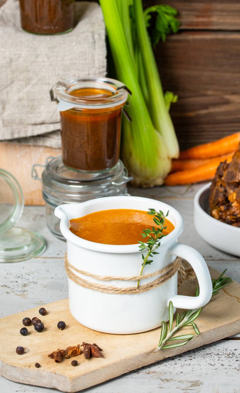 Selbstgekochte Bratensoße in einer Sauciere und in mehreren Weckgläsern auf einem gedeckten Tisch Selbstgekochte Bratensoße in einer Sauciere und in mehreren Weckgläsern auf einem gedeckten Tisch