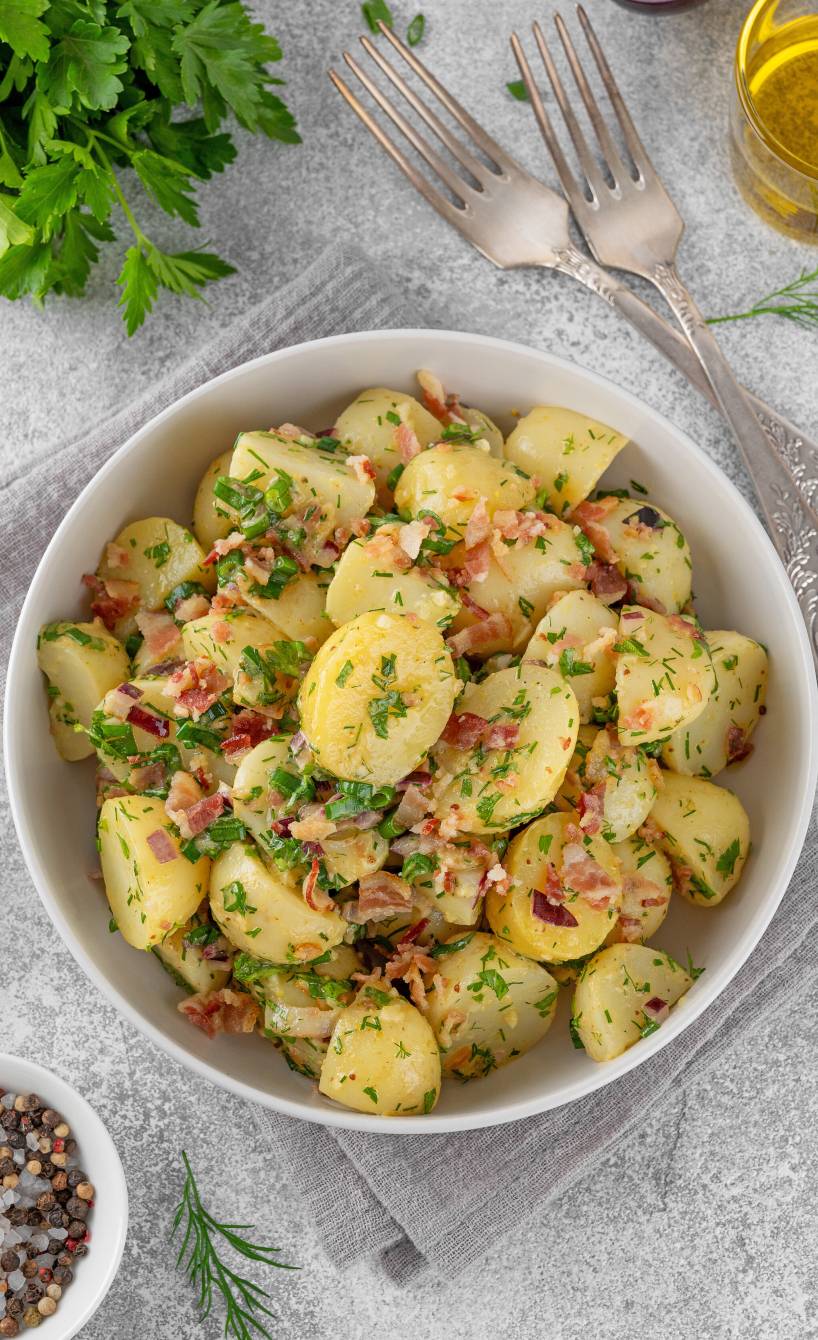 Kartoffelsalat mit gebratenen Pancetta-Streifen in einer Salatschüssel auf einem Tisch, daneben Olivenöl und frische Kräuter