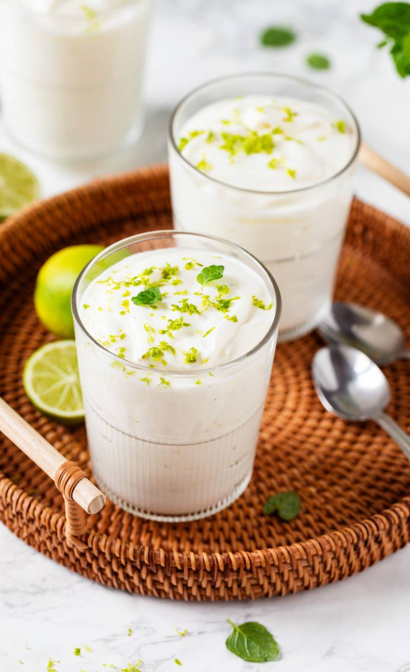 Joghurt-Limetten-Mousse in drei Gläsern auf einem Korbtablett