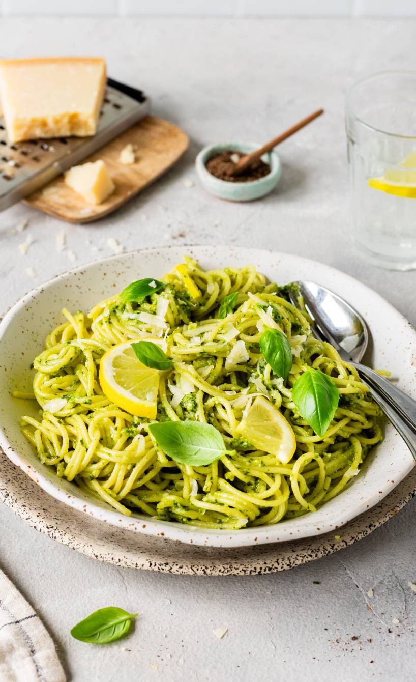 Ein Teller Spaghetti mit grünem Pesto und Zitronen auf einem Tisch, daneben Parmesan