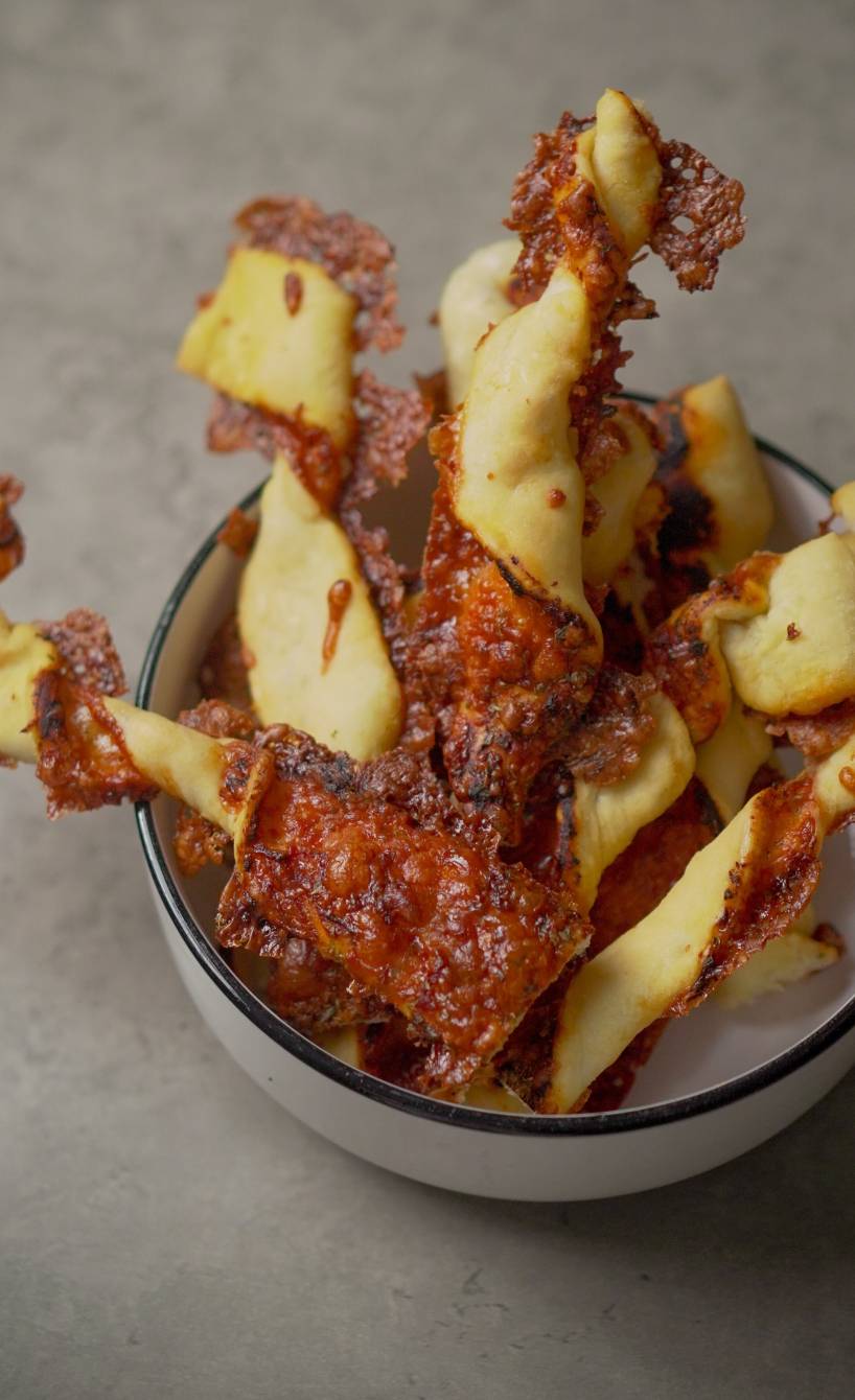 Selbstgebackene Pizzastangen aufrecht in einer Schale auf einem Tisch