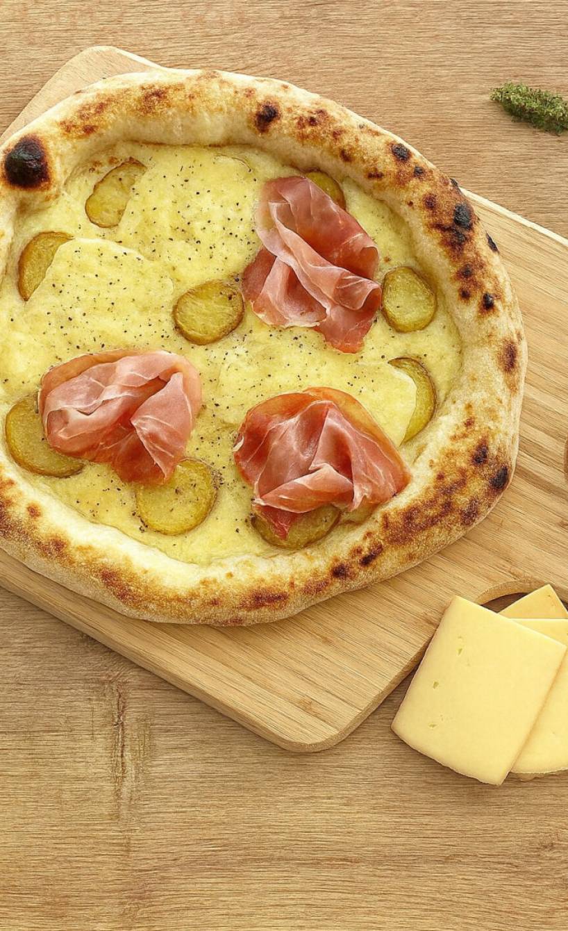 Deftige Raclette-Pizza mit Kartoffeln und Schinken