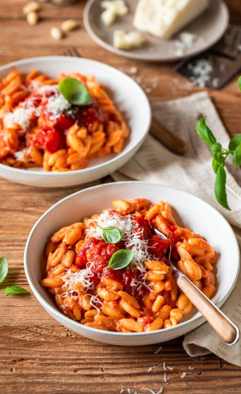 Nudeln mit Serena Loddos Tomatensoße auf zwei Pastatellern, daneben Käse und Tomaten auf einem Holztisch