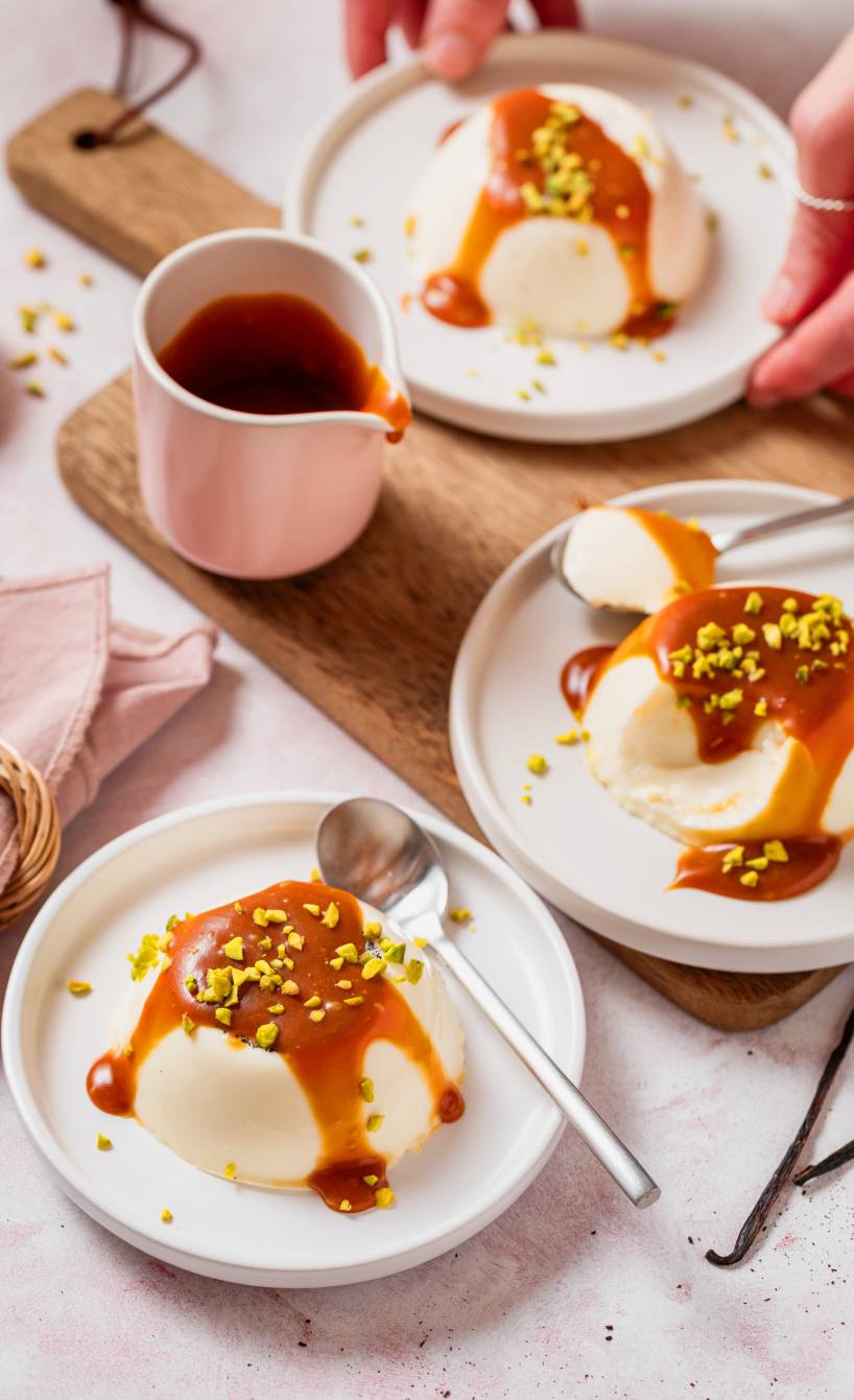 Drei Vanille-Panna-cotta übergossen mit Karamellsoße und getoppt von gehackten Pistazien auf Desserttellern