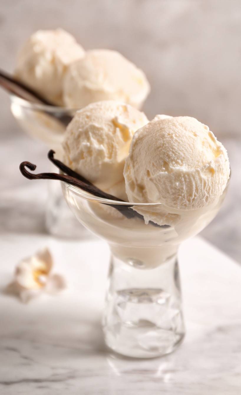 Selbstgemachtes Vanilleeis in zwei Eisschalen garniert mit Vanilleschoten