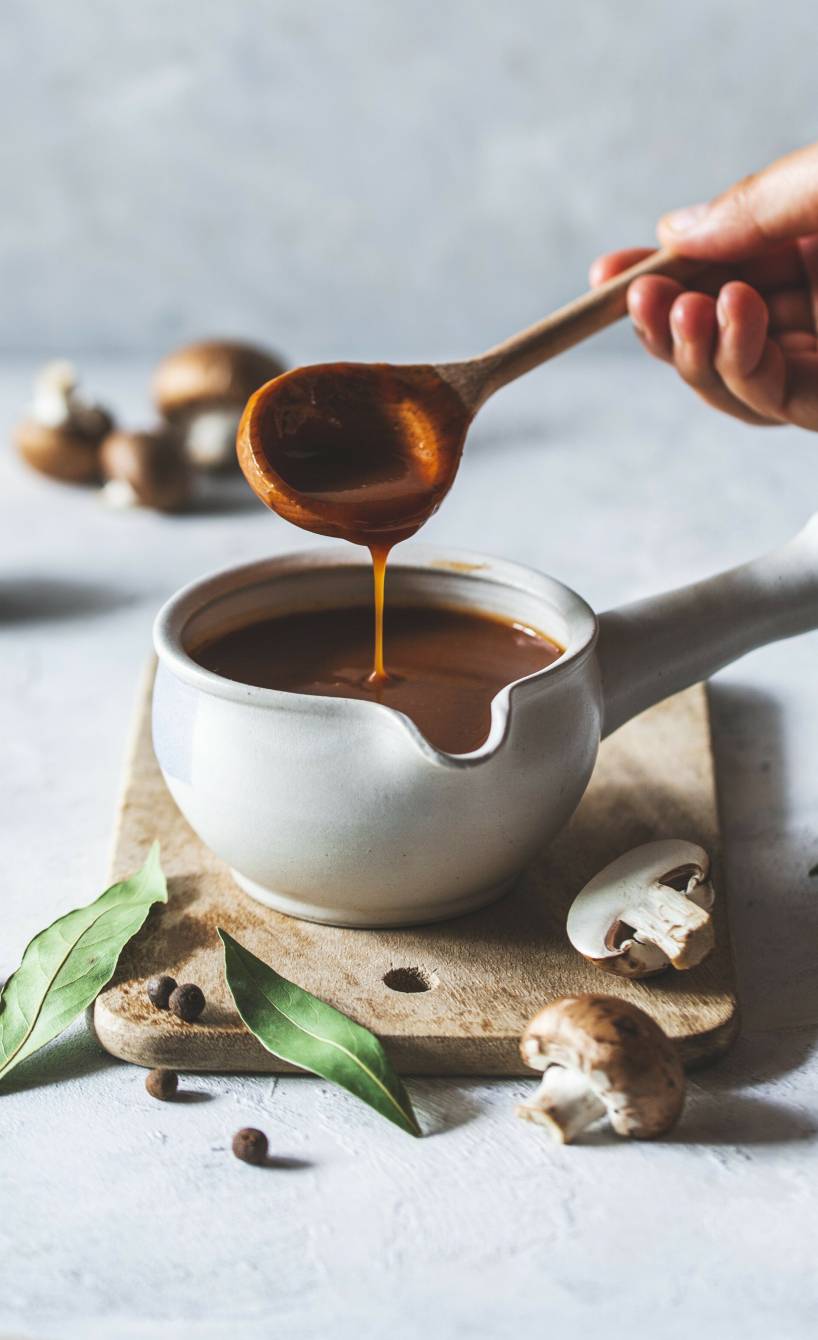 Vegane Bratensoße in einer Sauciere auf einem Tisch mit Zutaten Vegane Bratensoße in einer Sauciere auf einem Tisch mit Zutaten