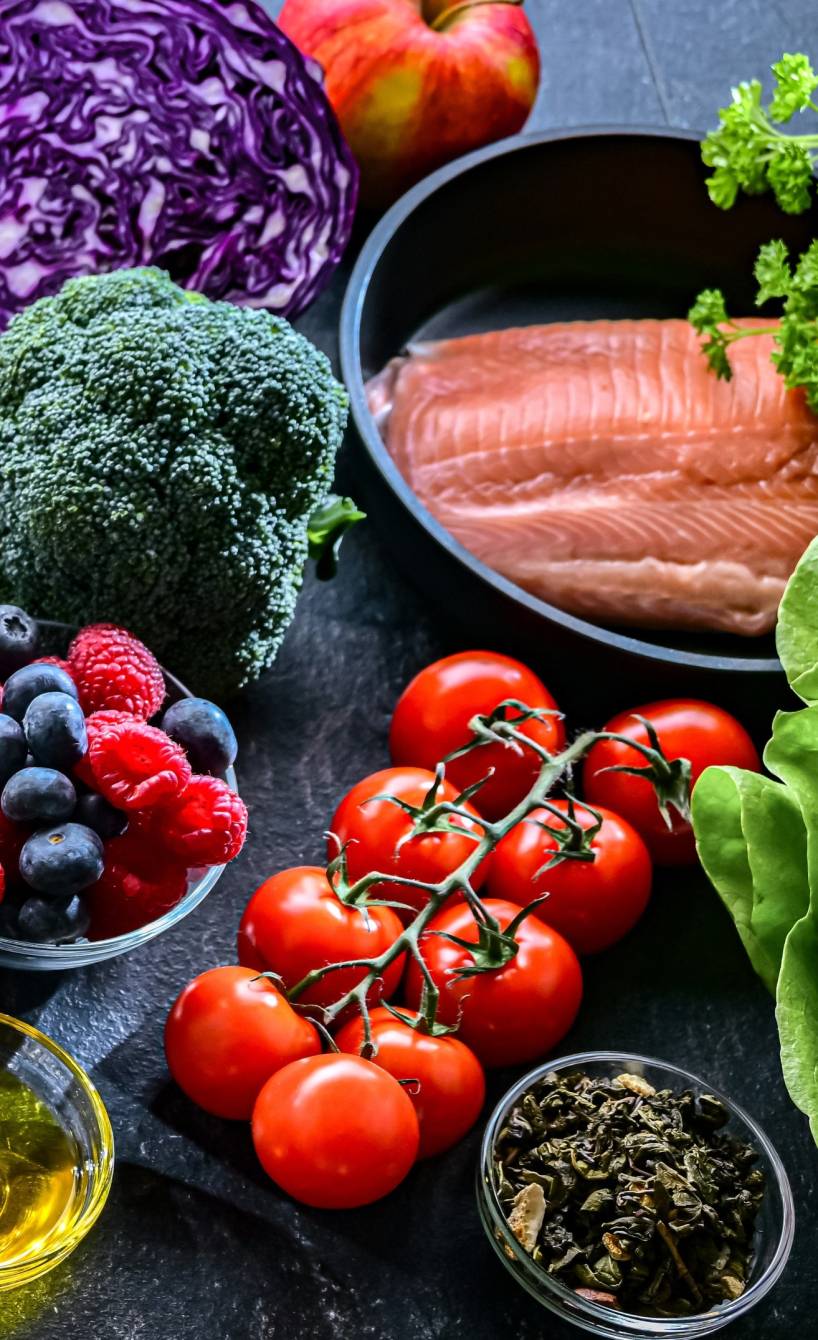 Verschiedene Low-Carb-Lebensmittel aus allen Gruppen ausgebreitet auf einem Esstisch