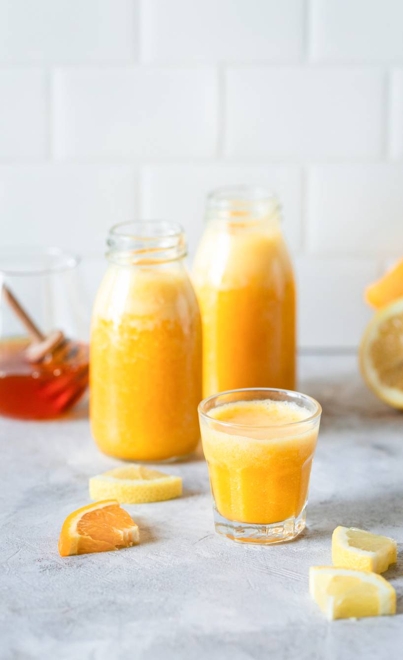 Selbstgemachter Vitamin-Saft in mehreren Flaschen und Gläsern auf einem Tisch