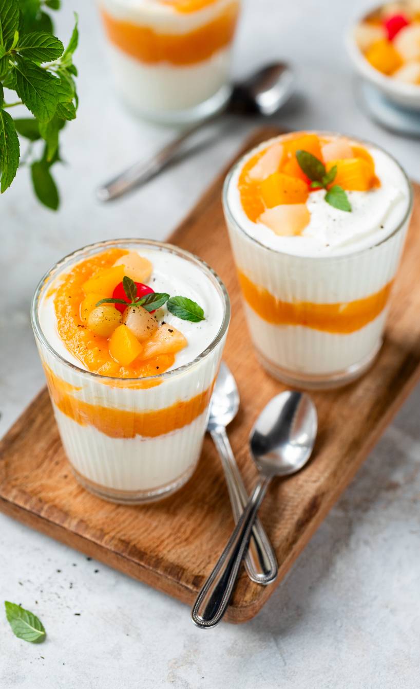 Mehrere Gläser Quarkdessert geschichtet mit Cocktailfrüchten getoppt von Minzblättern auf einem Tisch