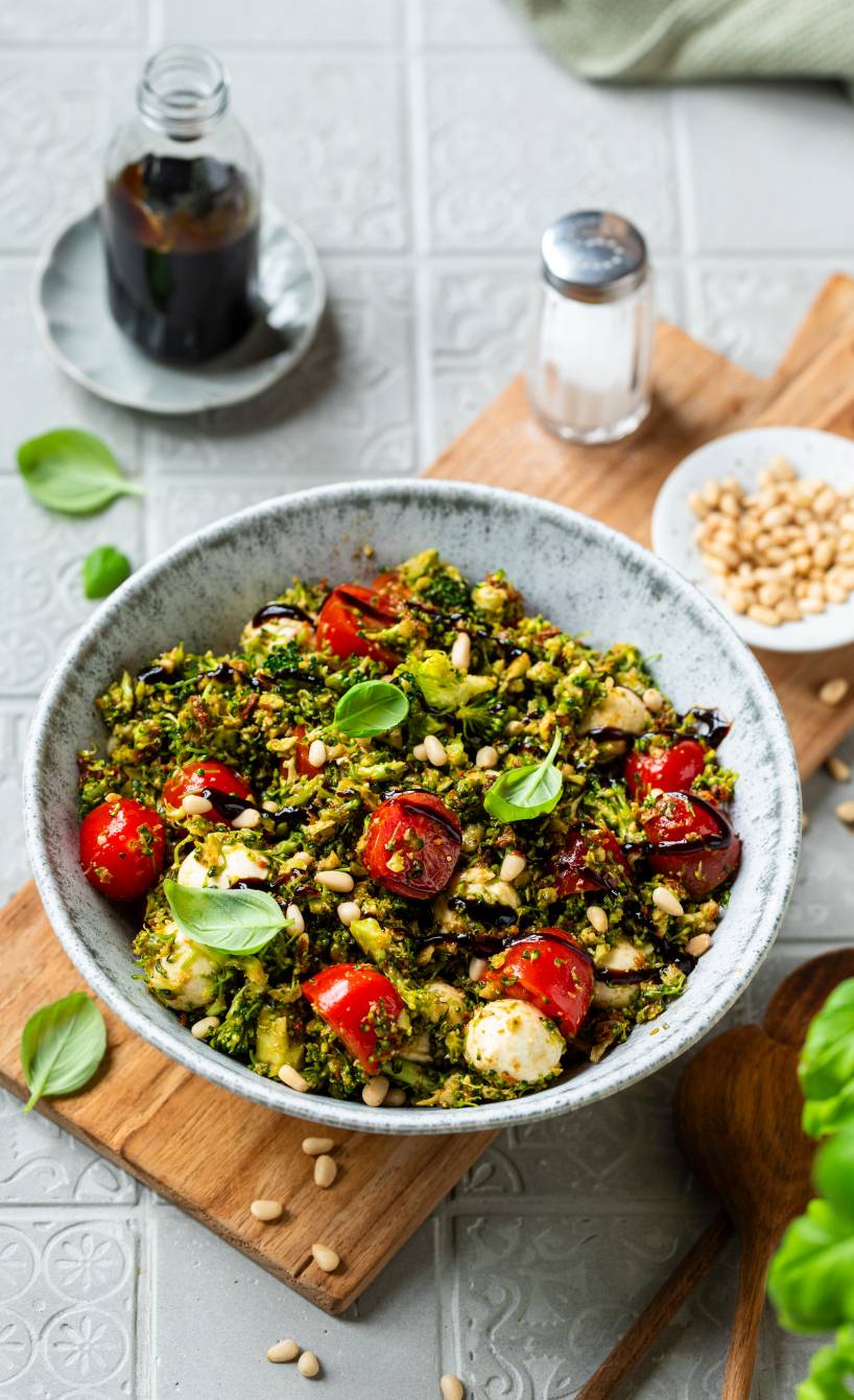 Roher Brokkoli-Salat mit Tomaten, Mozzarella, Pesto und Pinienkernen in einer Salatschüssel