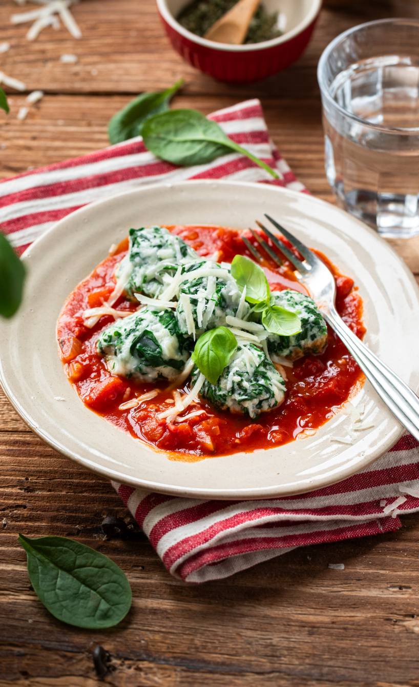 Selbstgemachte Spinat-Ricotta-Gnudi angerichtet auf Tomatensoße bestreut mit frischem Parmesan auf einem Teller