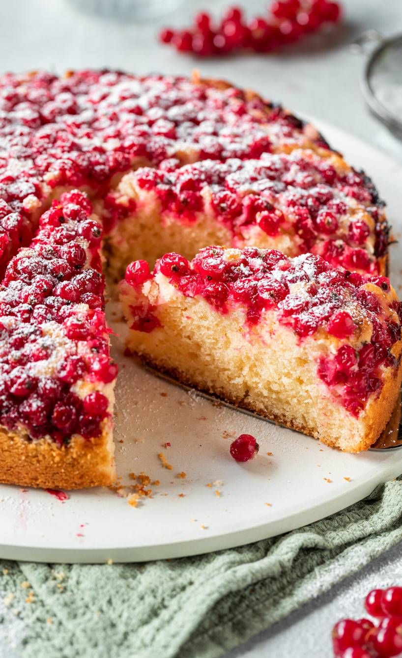 Runder Johannisbeerkuchen aus Rührteig angeschnitten auf einer Kuchenplatte