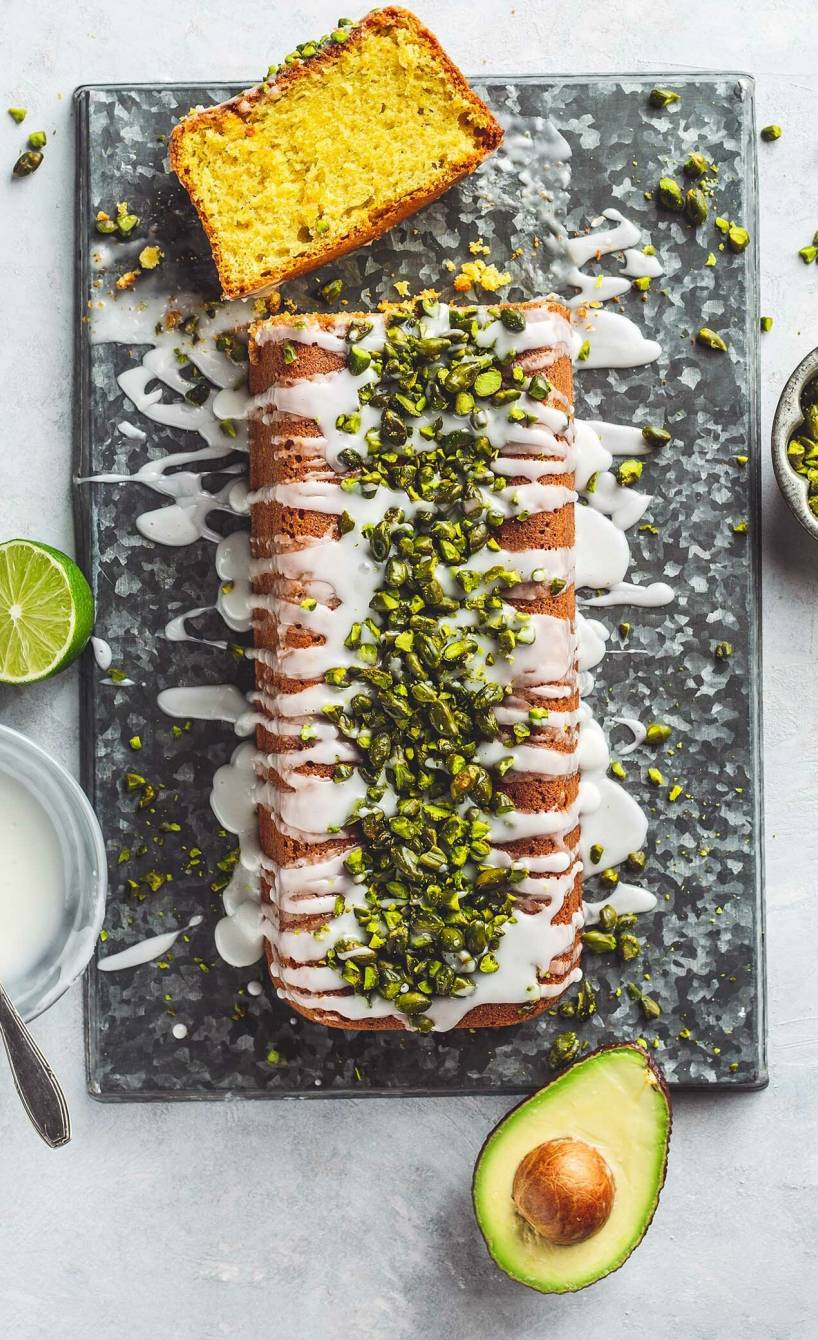 Kasten-Limettenkuchen mit Joghurt und Avocado getoppt von Zuckerguss und Pistazien angeschnitten auf einer Kuchenplatte