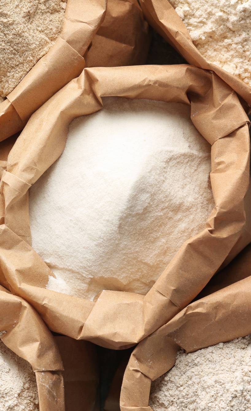 Verschiedene Mehlsorten in Papiertüten auf einem Tisch von oben